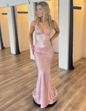 Robe de bal Pink Mermaid (sirène rose) avec lacets arrière en spaghetti (rubans fins en forme de spaghetti)