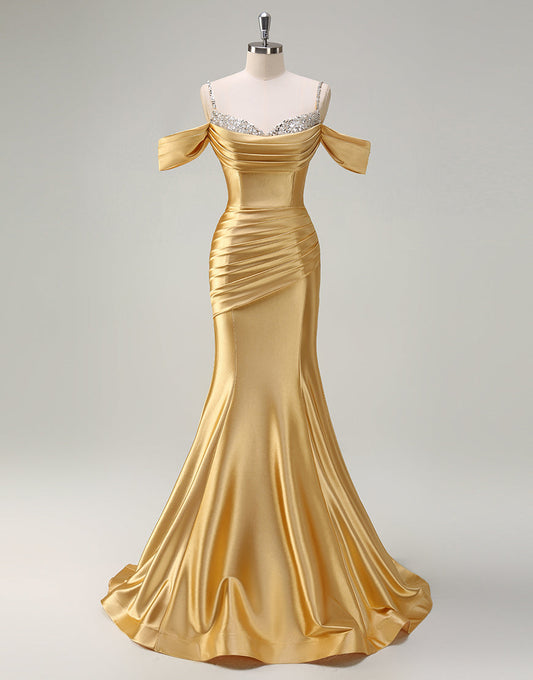 Robe de bal sirène dorée sans bretelles à sequins froncés