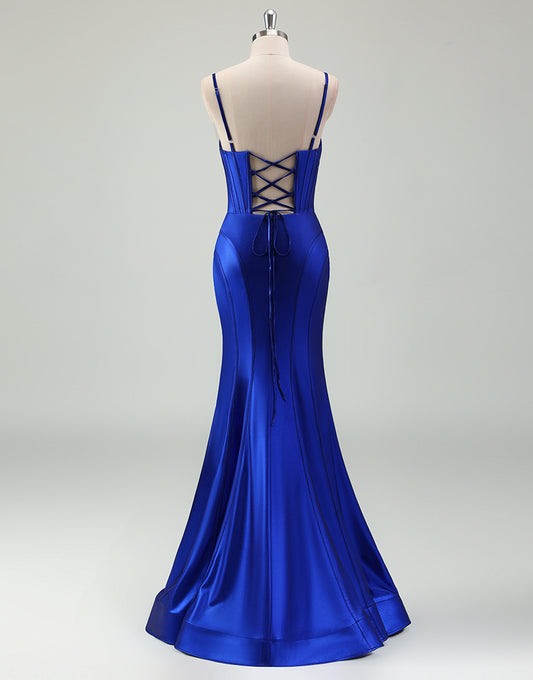 Robe de bal longue fendue en spaghettis avec queue de sirène bleu royal