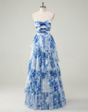 Robe de bal trapèze en tulle à imprimé fleuri bleu et blanc