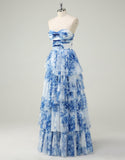 Robe de bal trapèze en tulle à imprimé fleuri bleu et blanc