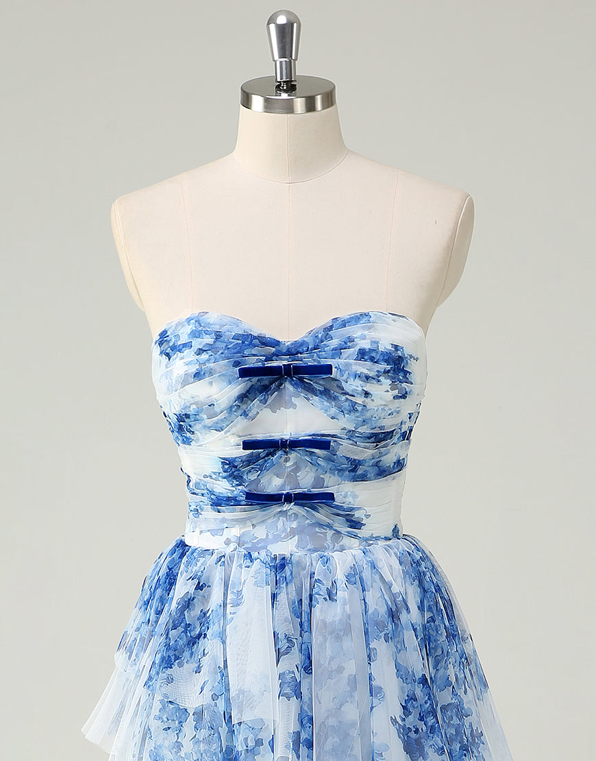 Robe de bal trapèze en tulle à imprimé fleuri bleu et blanc