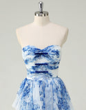 Robe de bal trapèze en tulle à imprimé fleuri bleu et blanc