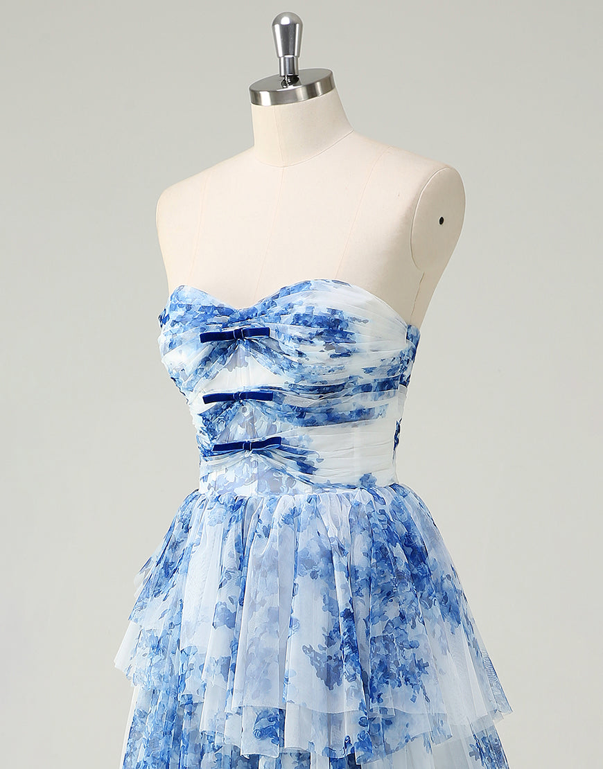 Robe de bal trapèze en tulle à imprimé fleuri bleu et blanc