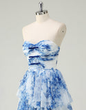 Robe de bal trapèze en tulle à imprimé fleuri bleu et blanc