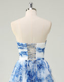 Robe de bal trapèze en tulle à imprimé fleuri bleu et blanc
