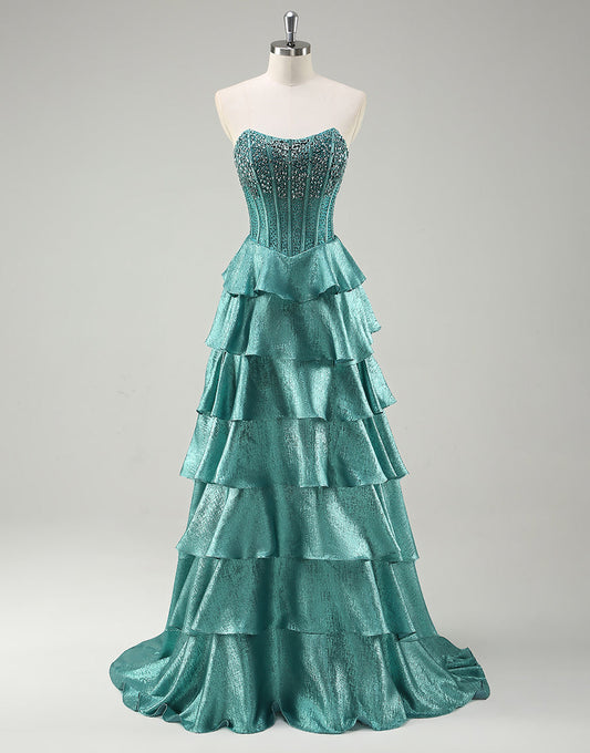 Robe de bal chic à volants et col bateau vert paon