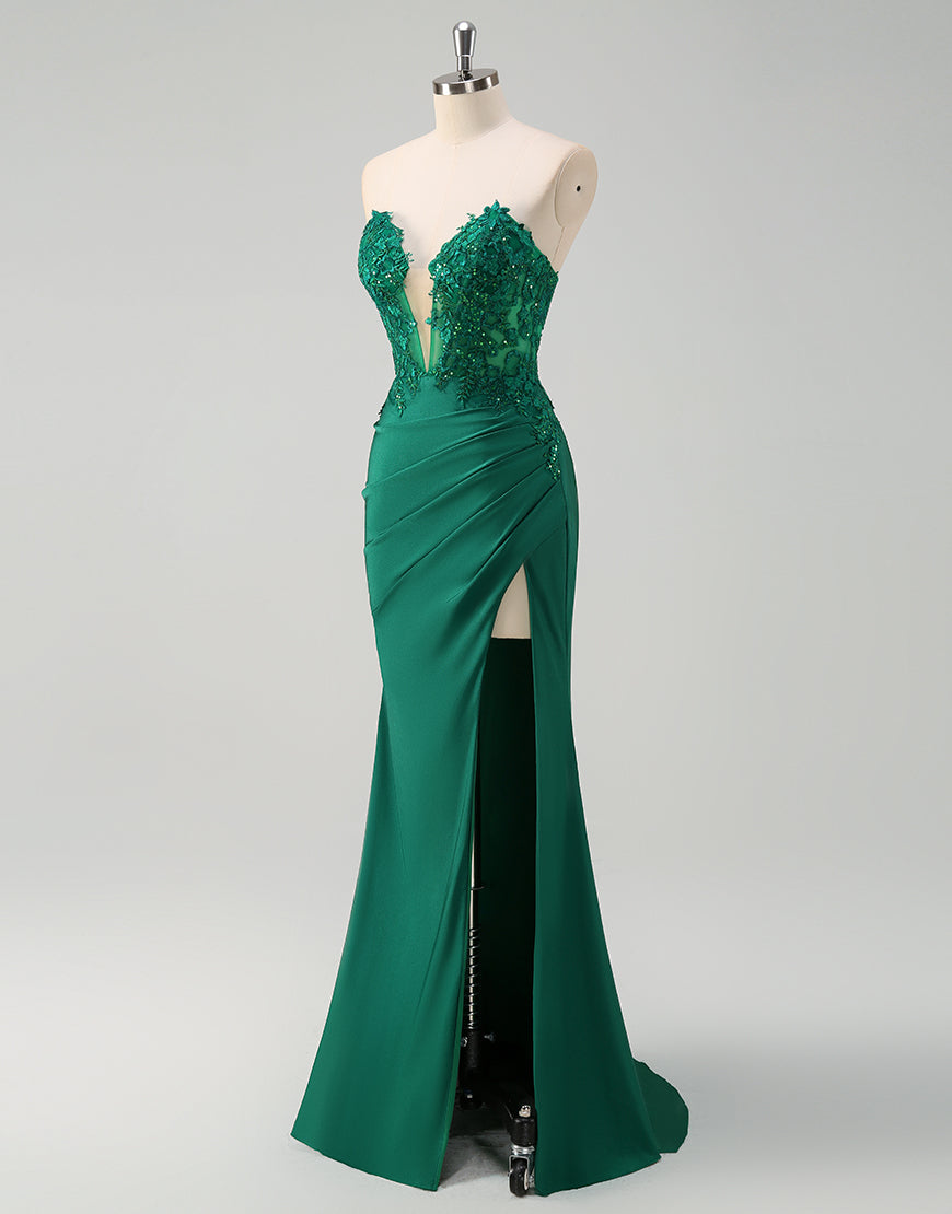 Robe de bal Green Sheath avec col en V sweetheart et application décorative