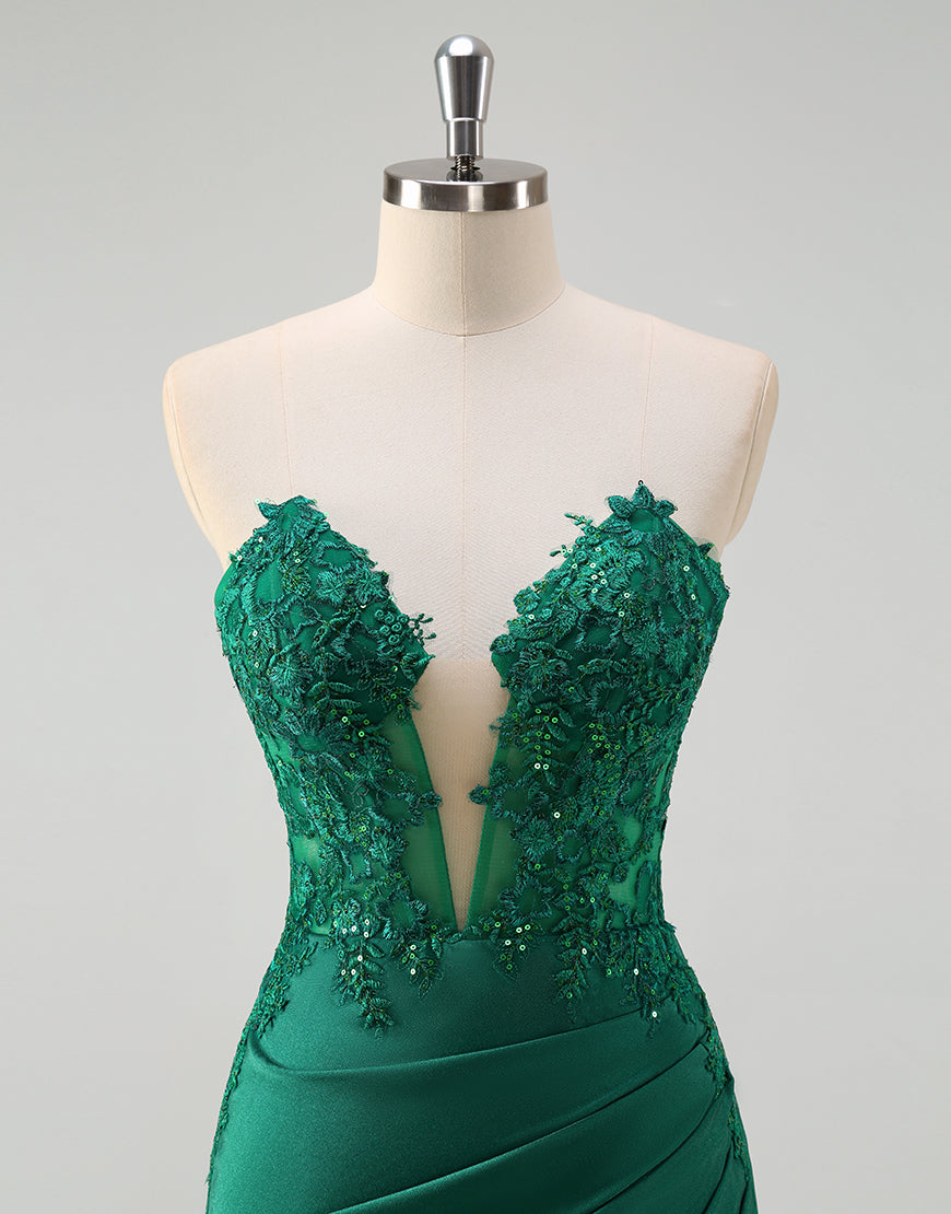 Robe de bal Green Sheath avec col en V sweetheart et application décorative