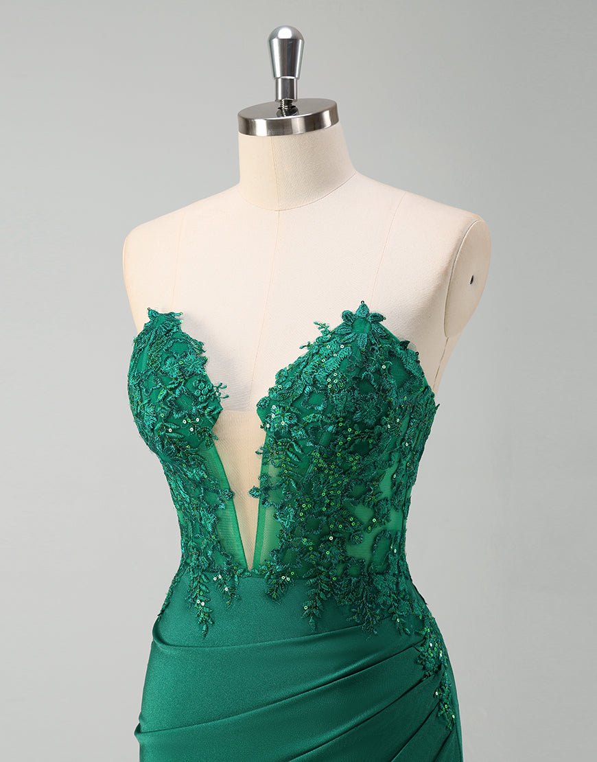 Robe de bal Green Sheath avec col en V sweetheart et application décorative