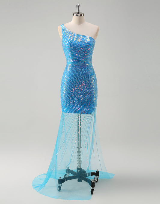 Robe de bal en mousseline avec une bandelette sur l'épaule, une traîne et une couleur bleue
