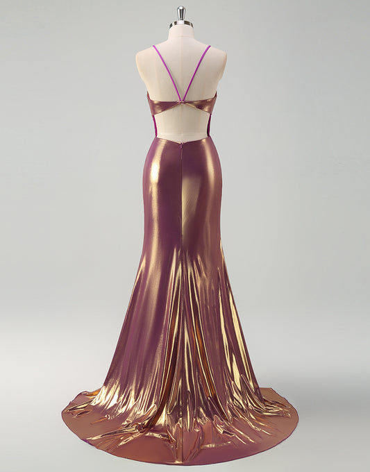 Robe de bal en spaghetti avec ruchage et fente de sirène dorée