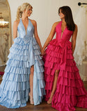 Robe de bal en A-line bleu à bretelles avec volants et fente