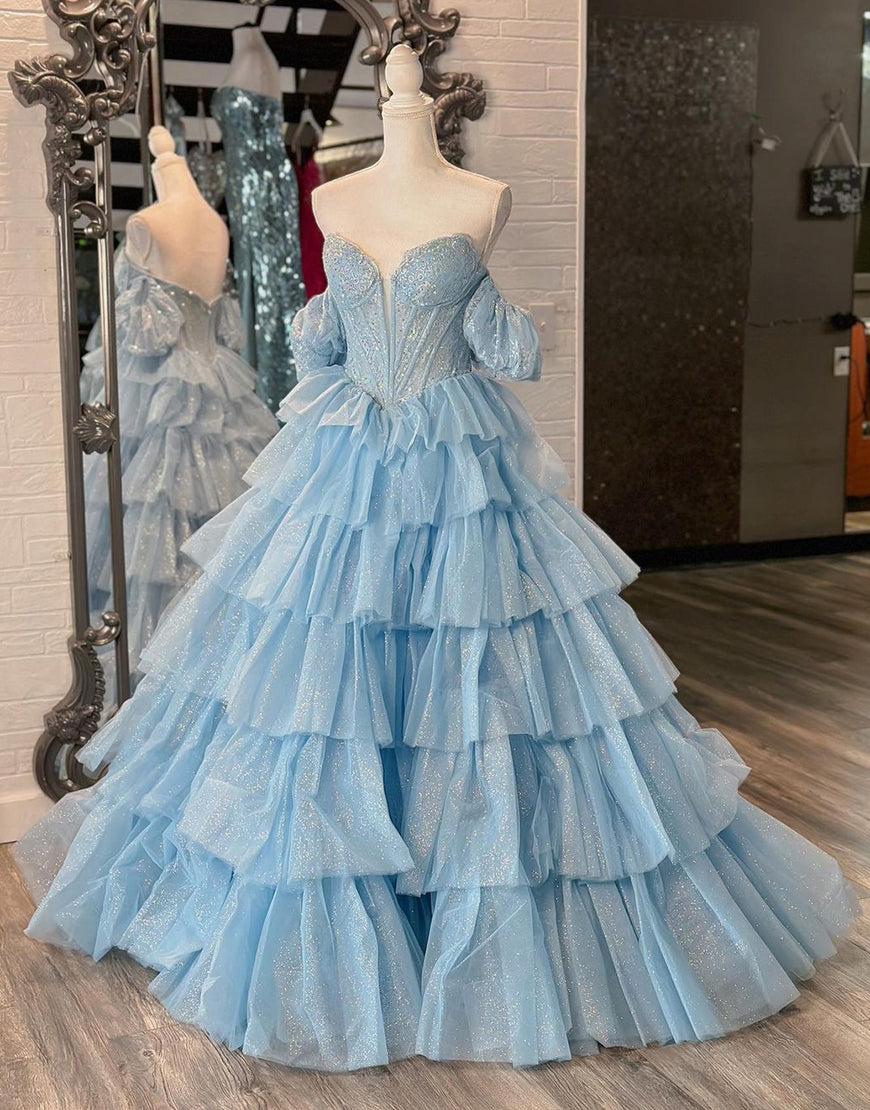 Robe de bal longue bleu A-line avec décolleté cœur et volants en cascade