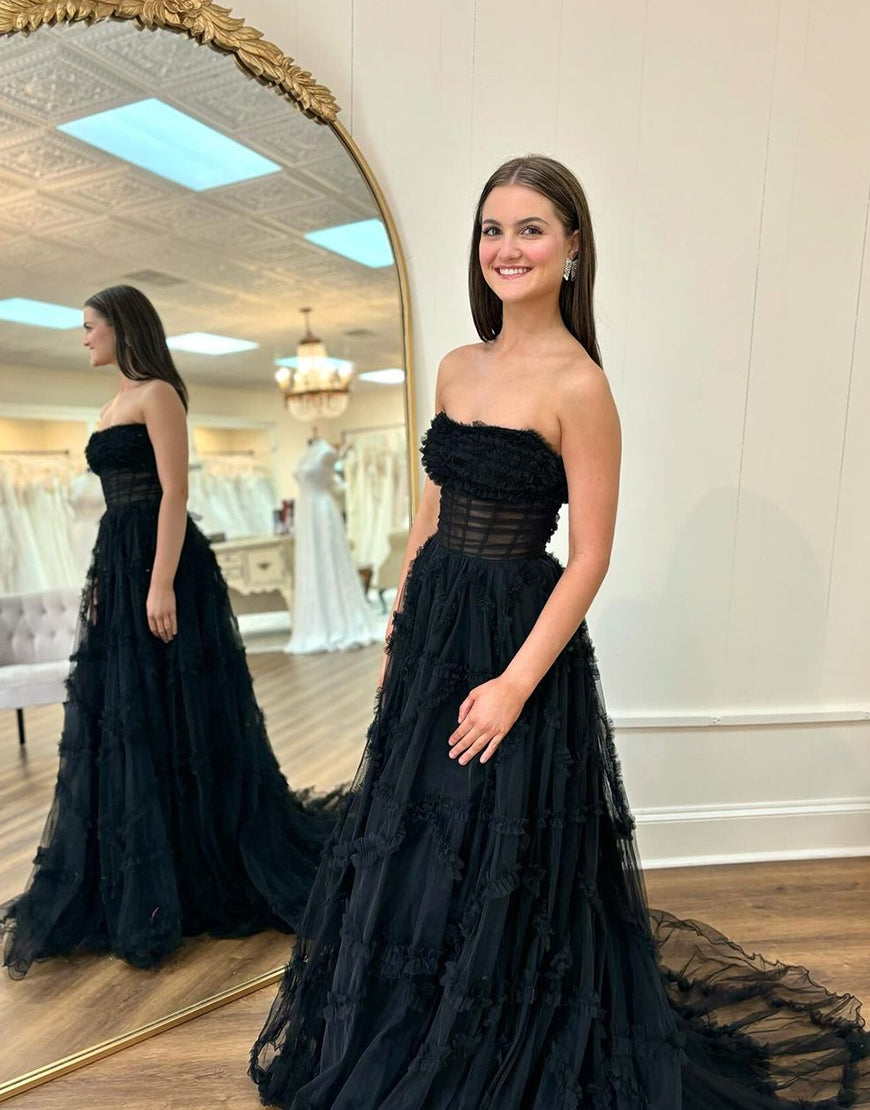 Robe de bal longue en tulle noir, silhouette A-line, sans bretelles