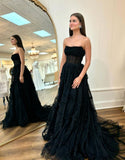 Robe de bal longue en tulle noir, silhouette A-line, sans bretelles
