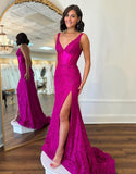 Robe de bal fourreau fuchsia à dos nu avec fente