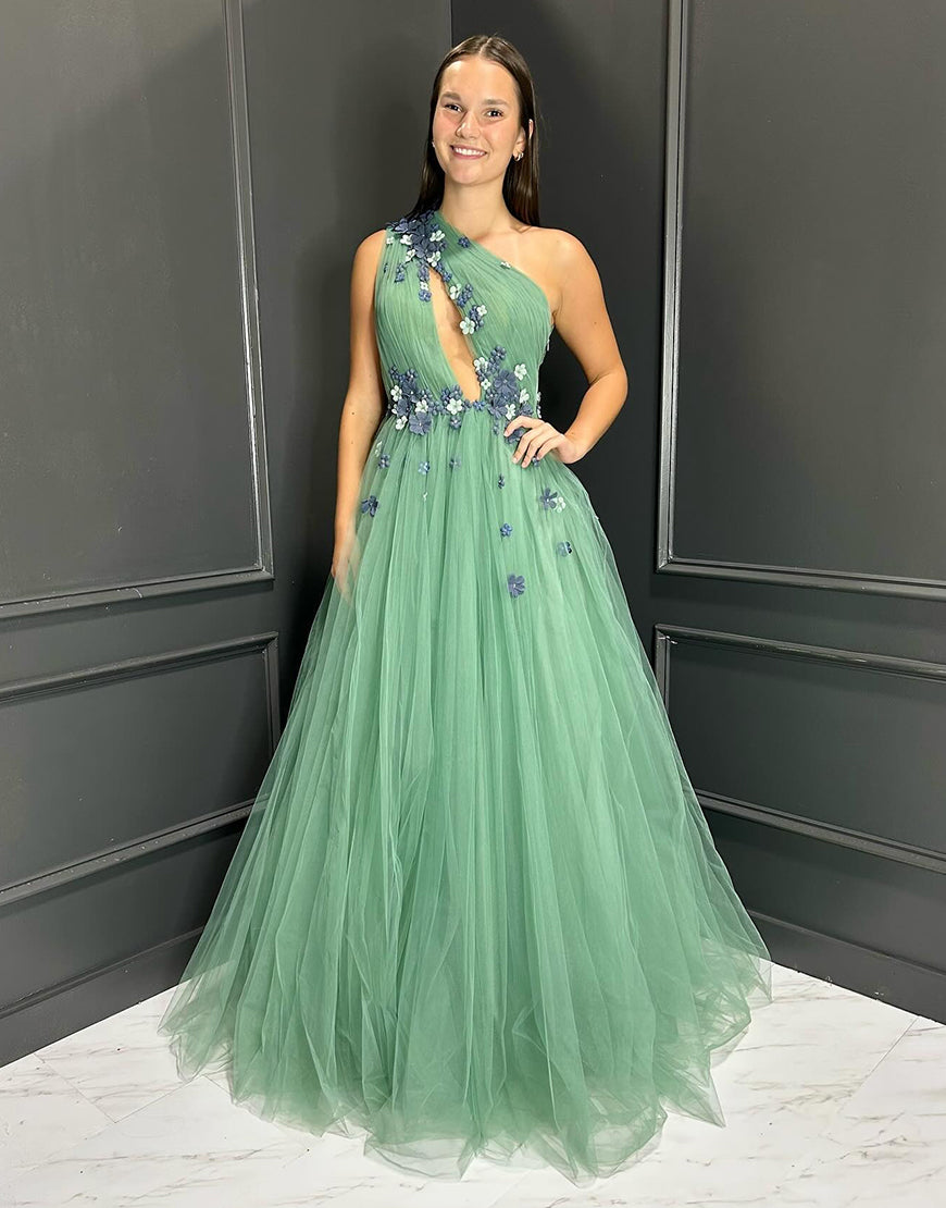 Robe de bal en tulle avec fleur 3D, une épaule, ligne A verte