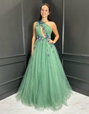 Robe de bal en tulle avec fleur 3D, une épaule, ligne A verte