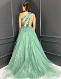 Robe de bal en tulle avec fleur 3D, une épaule, ligne A verte