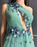 Robe de bal en tulle avec fleur 3D, une épaule, ligne A verte