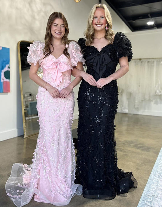 Robe de bal sirène à manches bouffantes scintillantes avec appliques de fleurs 3D