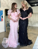 Robe de bal sirène à manches bouffantes scintillantes avec appliques de fleurs 3D