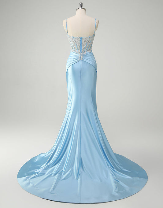 Robe de bal sirène chic à fines bretelles et traîne