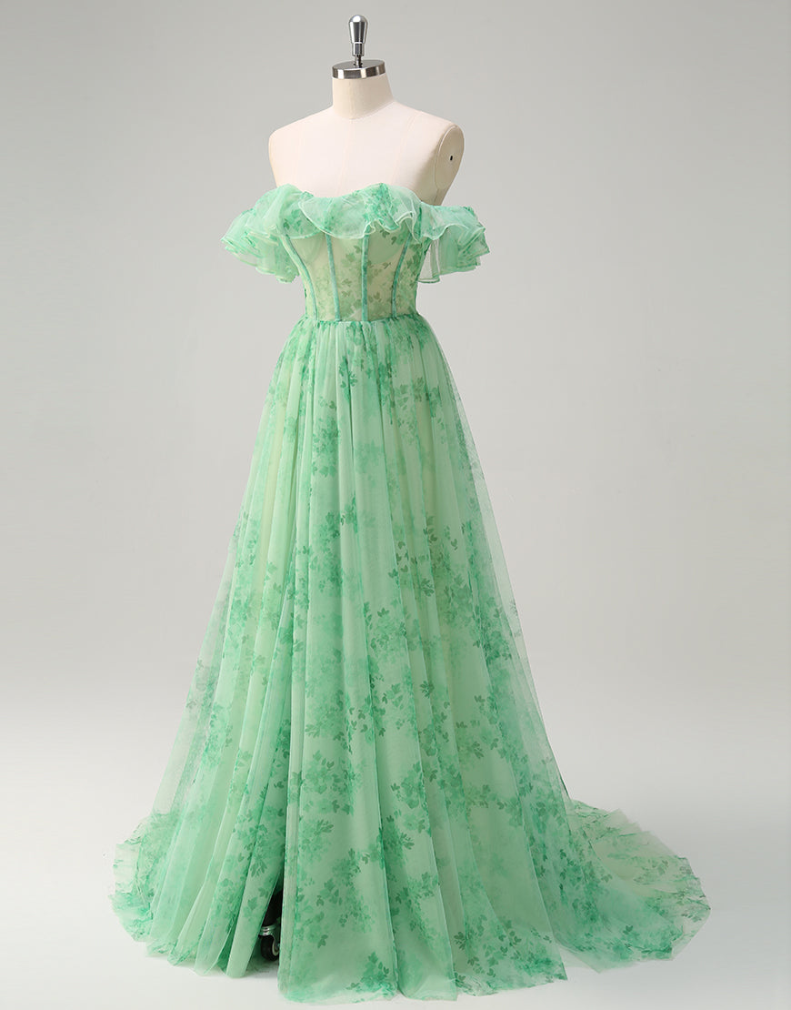 Robe de bal en tulle sans bretelles à imprimé vert coupe A