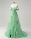 Robe de bal en tulle sans bretelles à imprimé vert coupe A