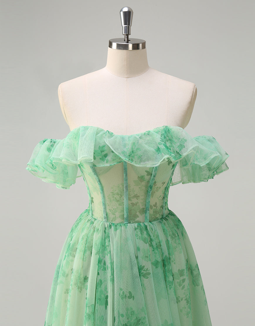 Robe de bal en tulle sans bretelles à imprimé vert coupe A