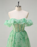 Robe de bal en tulle sans bretelles à imprimé vert coupe A