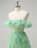 Robe de bal en tulle sans bretelles à imprimé vert coupe A