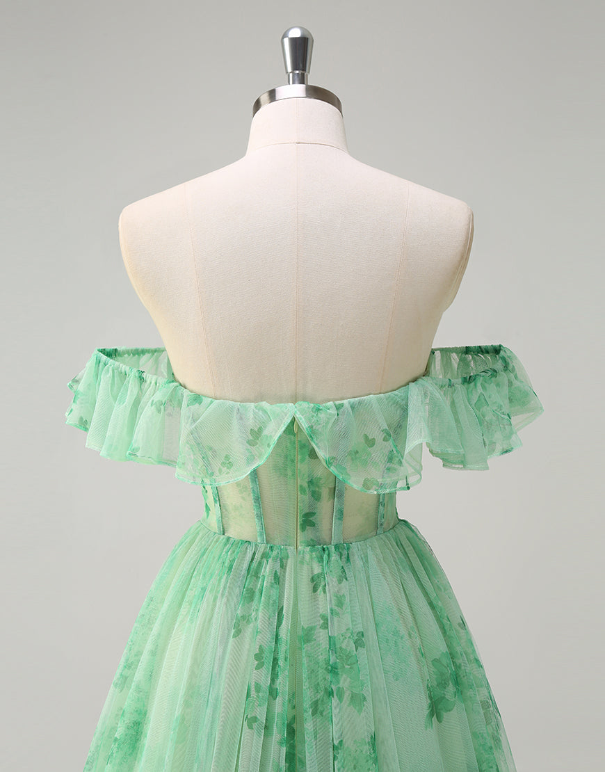 Robe de bal en tulle sans bretelles à imprimé vert coupe A
