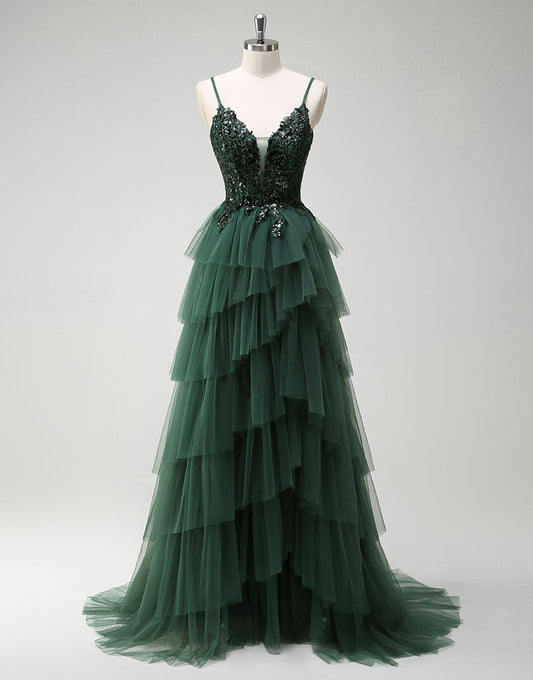 Robe de bal longue à bretelles spaghetti vert foncé en tulle de princesse