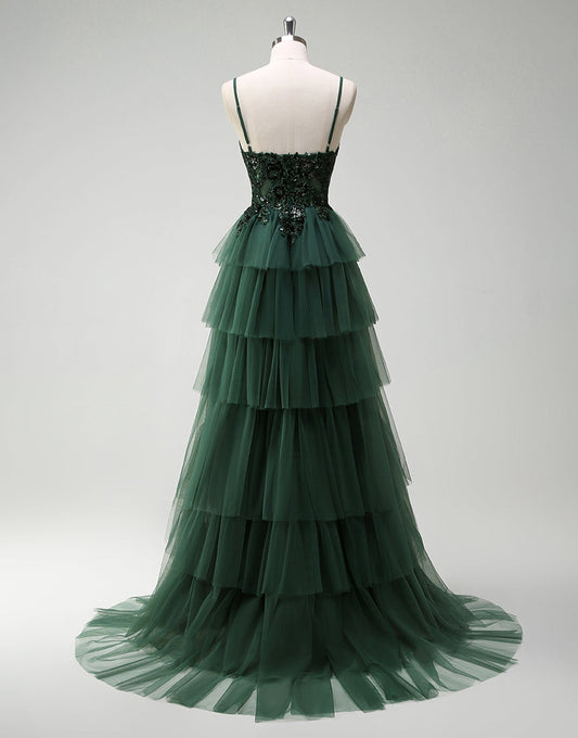 Robe de bal longue à bretelles spaghetti vert foncé en tulle de princesse
