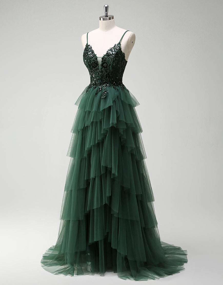 Robe de bal longue à bretelles spaghetti vert foncé en tulle de princesse