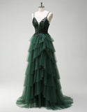 Robe de bal longue à bretelles spaghetti vert foncé en tulle de princesse