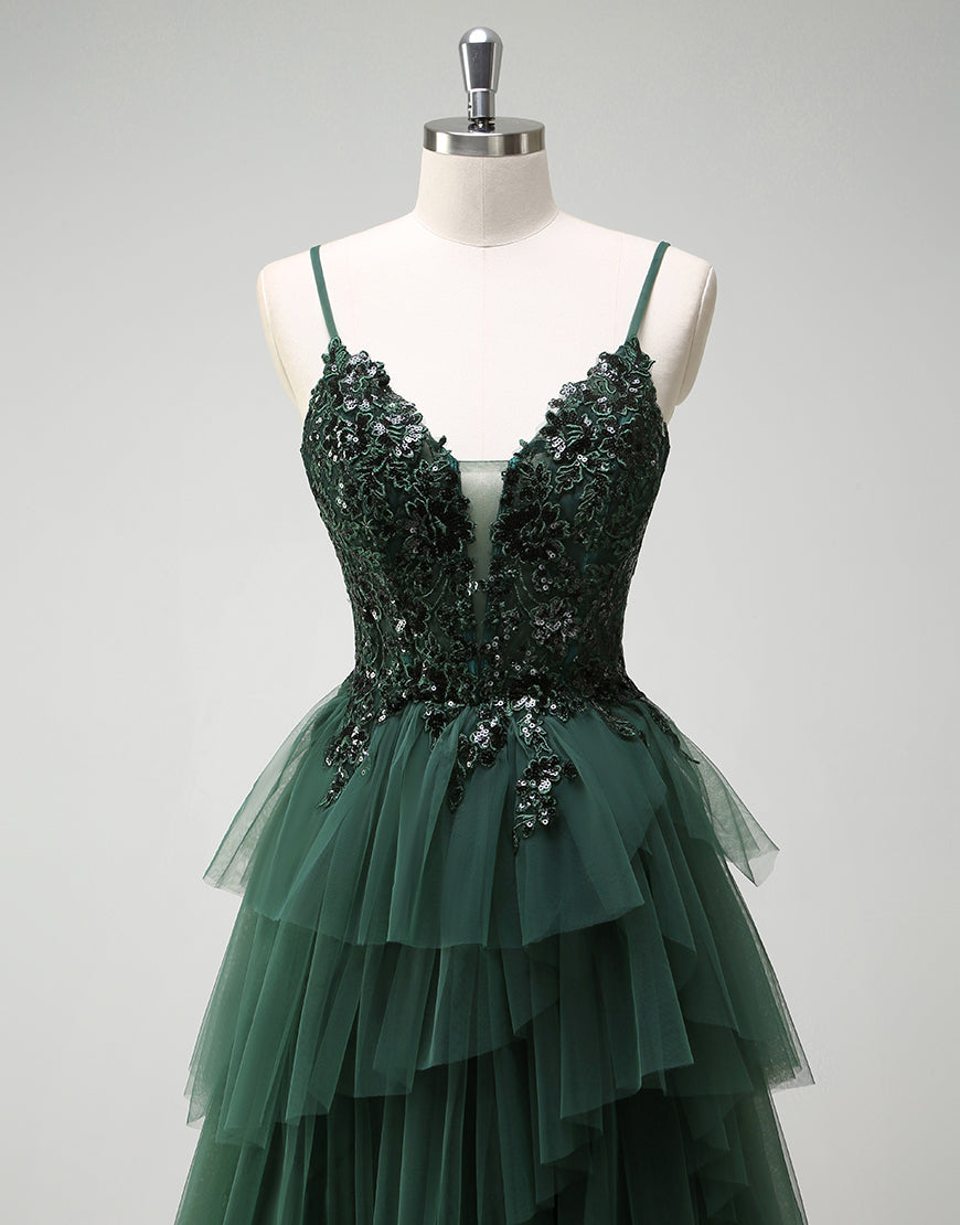 Robe de bal longue à bretelles spaghetti vert foncé en tulle de princesse