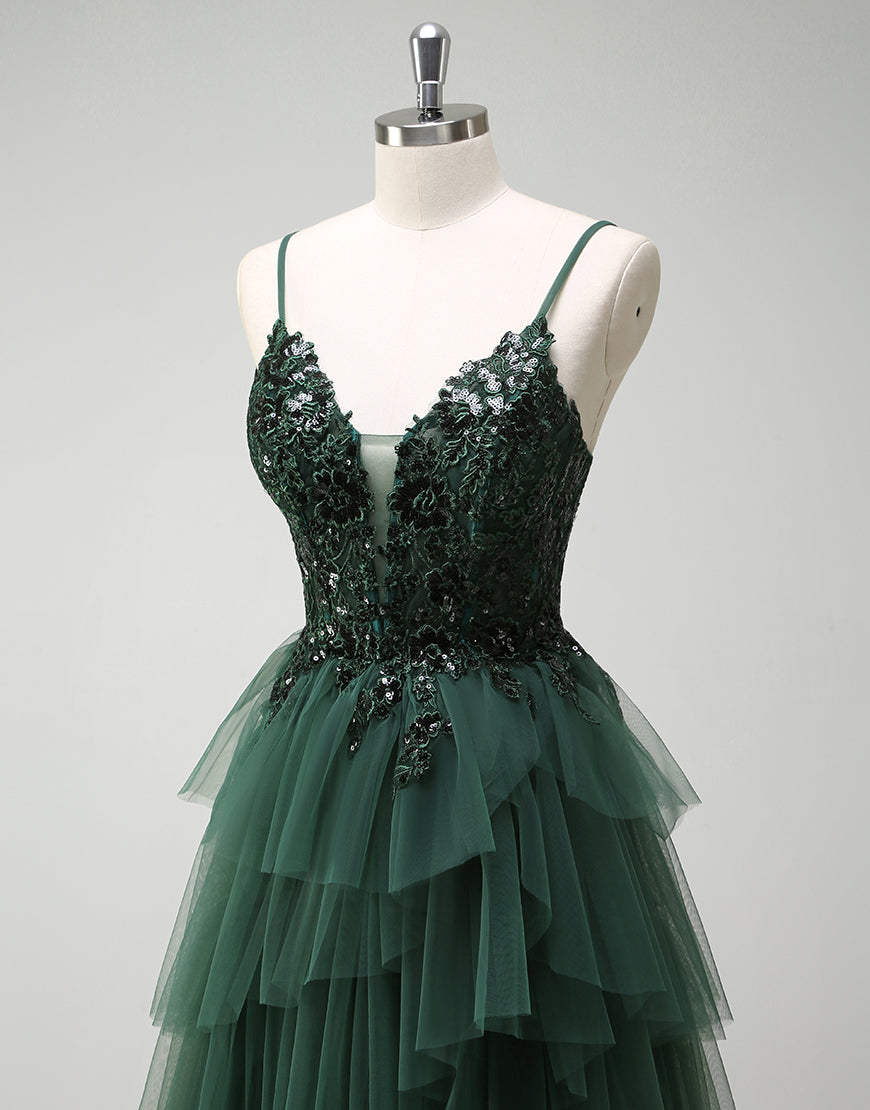 Robe de bal longue à bretelles spaghetti vert foncé en tulle de princesse