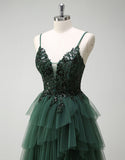 Robe de bal longue à bretelles spaghetti vert foncé en tulle de princesse