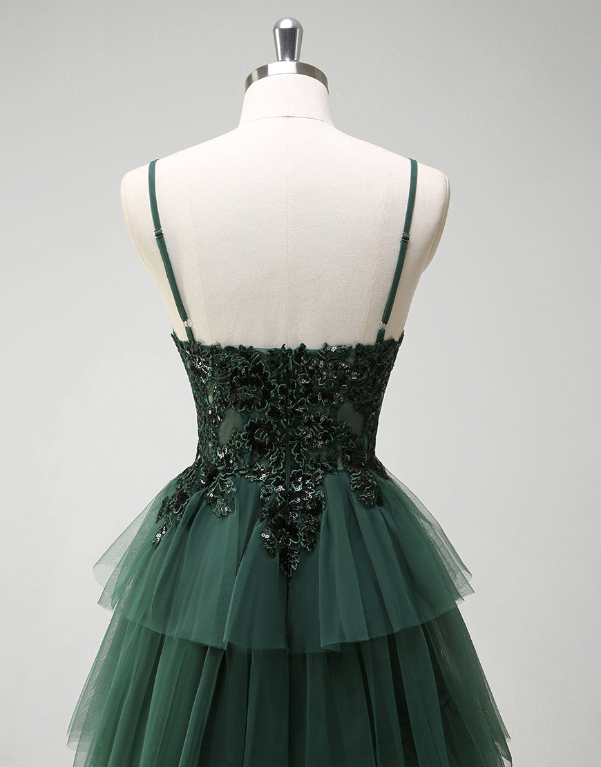 Robe de bal longue à bretelles spaghetti vert foncé en tulle de princesse