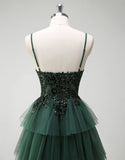 Robe de bal longue à bretelles spaghetti vert foncé en tulle de princesse