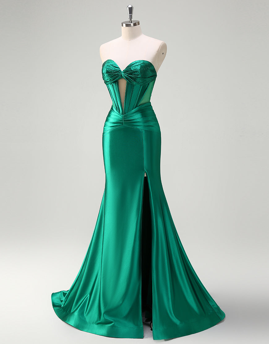 Robe de bal sirène vert foncé à décolleté en cœur ajouré avec fente