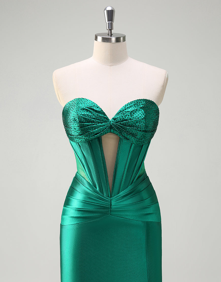 Robe de bal sirène vert foncé à décolleté en cœur ajouré avec fente