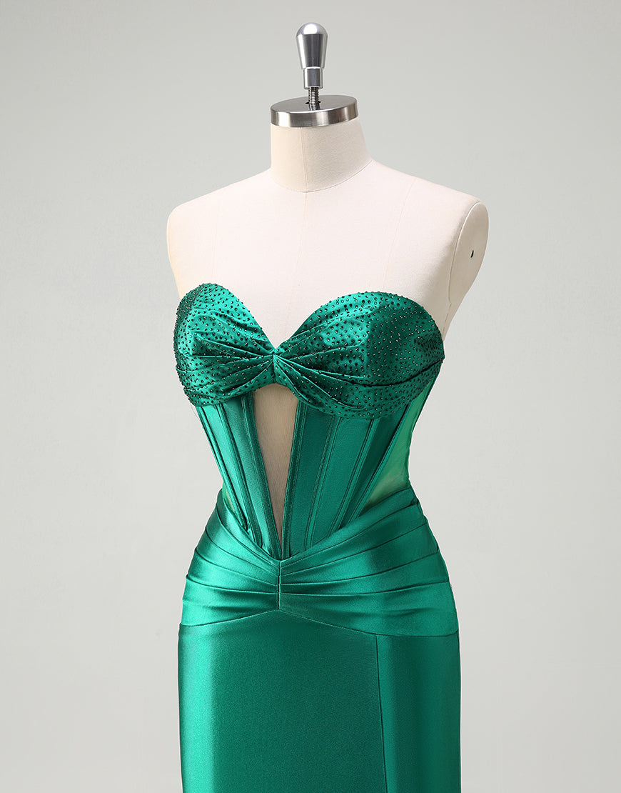 Robe de bal sirène vert foncé à décolleté en cœur ajouré avec fente