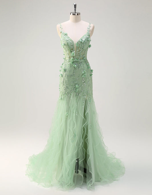 Robe de bal sirène en tulle à fleurs 3D avec fente