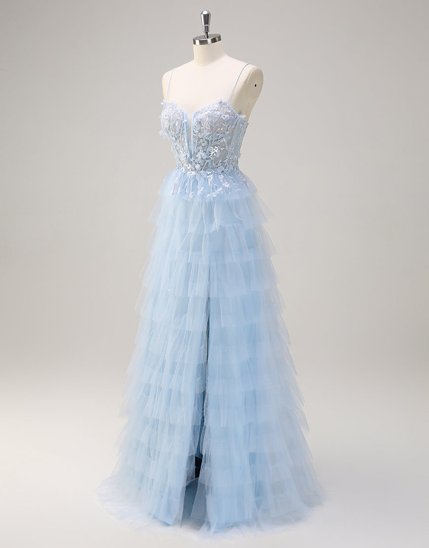 Robe de bal en tulle à volants et fines bretelles avec motif floral 3D