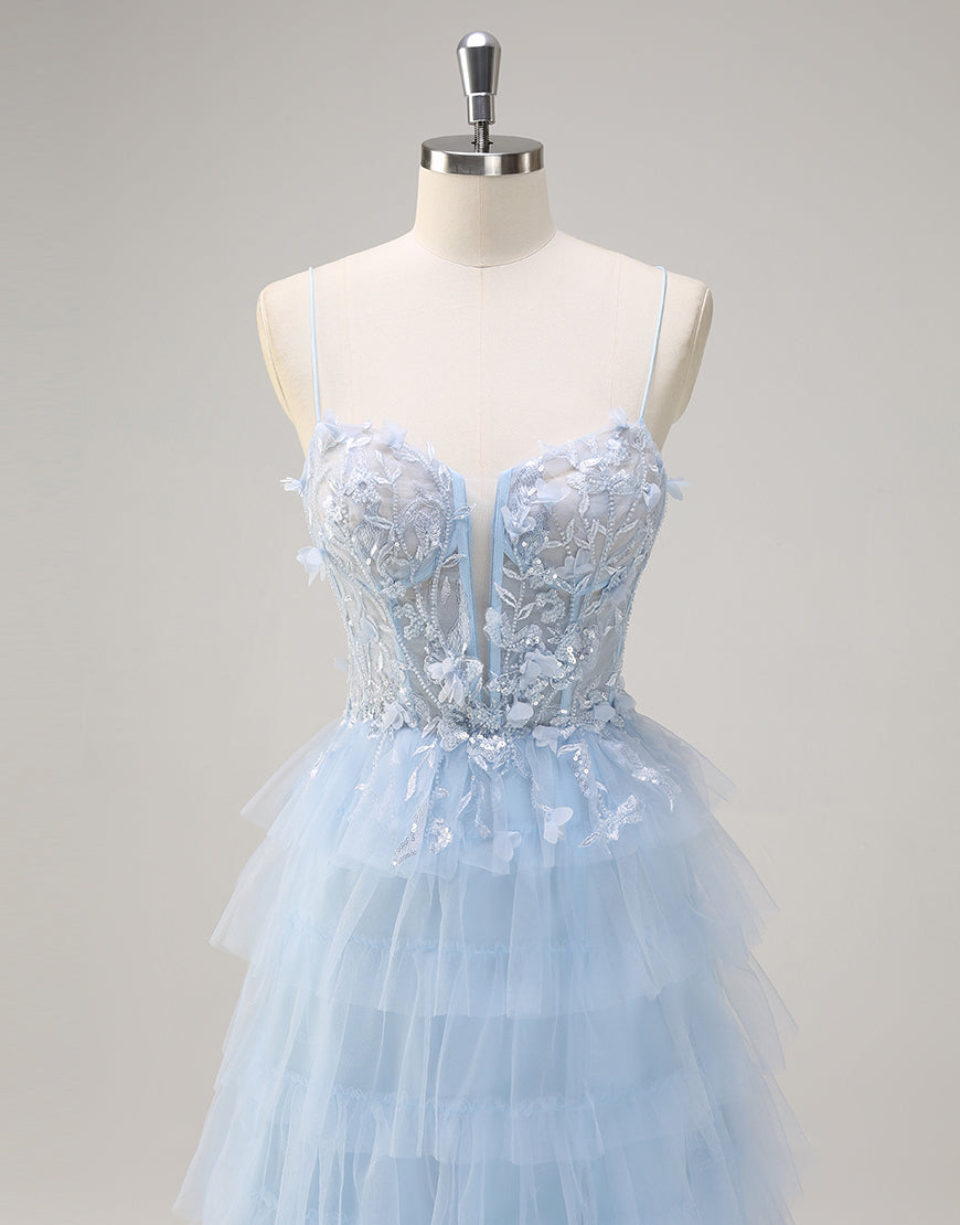 Robe de bal en tulle à volants et fines bretelles avec motif floral 3D