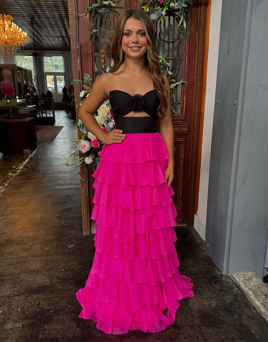 Robe de bal trapèze en mousseline de soie à col en cœur et à volants